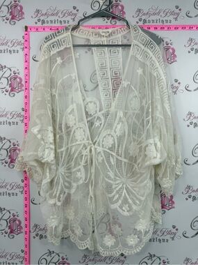 Siren lily cardigan coverup embroidery Sheer Embroidered Ivory Kimono Cardigan